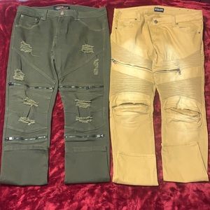 Men’s Army Green Distressed and Khaki Biker Jeans with Zipper Accent Sz 34/32